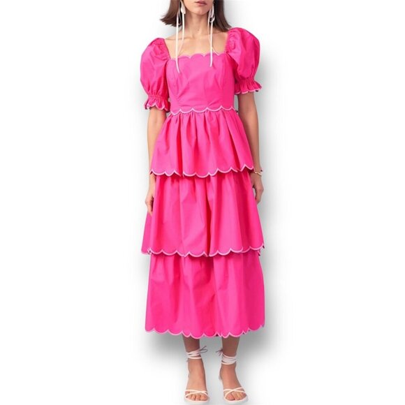 English Factory M Pink Scallop Tiered Maxi Dress Puff Sleeve Barbie Cottagecore - Picture 1 of 8